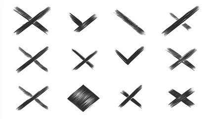 Poster - Collection of hand drawn checkmarks and crosses in grayscale on white background. Rough textured lines create a sketched, imperfect aesthetic. Ideal