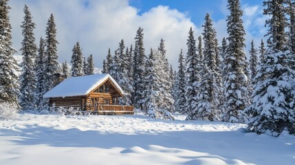 Poster - Snowy winter landscape featuring a cozy log cabin surrounded by tall evergreen trees perfect for holiday and winter-themed projects.
