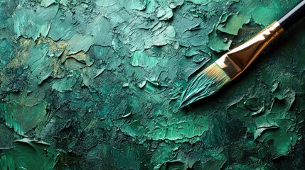 Aufkleber - Textured dark green acrylic paint with a paintbrush on canvas creating an artistic background ideal for creative projects and empty copyspace for text