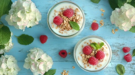 Aufkleber - Yogurt parfaits with granola raspberries and mint in glass jars surrounded by hydrangeas on a rustic blue wooden background top view