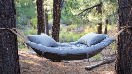 Poster - Cozy rope hammock with plush pillows suspended between trees in a serene wilderness setting