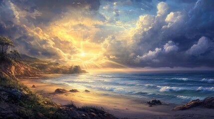 Poster - Serene coastal landscape showcasing sunlight breaking through clouds over tranquil waves and sandy beach at sunset
