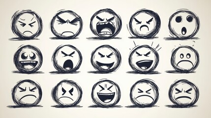Poster - Collection of hand drawn monochrome emoticons expressing various emotions, ranging from anger to sadness. Sketch like style with textured lines on a