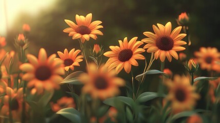 Poster - Digital artwork of vibrant orange sunflower blossoms in a lush garden setting illuminated by soft natural light