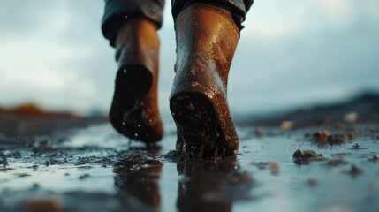 Poster - Relaxing close-up shot of feet in rubber boots walking through shallow water on a serene beach during a calm evening.