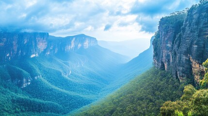Aufkleber - Majestic blue mountain landscape with towering peaks and misty valleys ideal for travel exploration and outdoor adventures with text space.