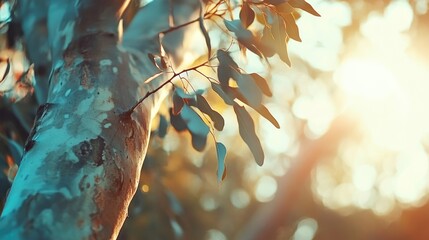 Aufkleber - Serene close-up of a majestic Eucalyptus tree with soft focus highlighting its natural beauty in warm sunlight.