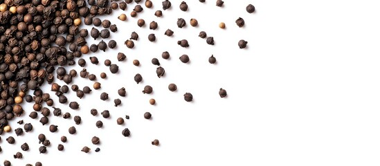 Poster - Black peppercorns scattered on white background empty space for text showcasing Indian spices culinary ingredients and bartending essentials