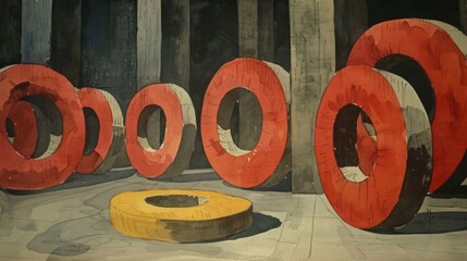 Poster - Abstract illustration of red and yellow circular forms in a dimly lit, artistic space