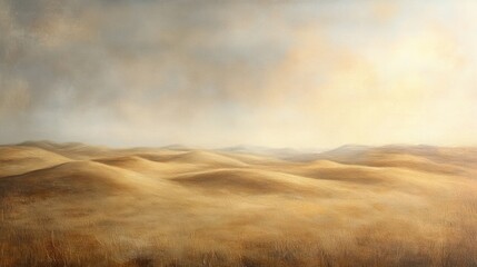 Poster - Serene desert landscape showcasing undulating golden sand dunes under a soft hazy sky creating a tranquil atmosphere.