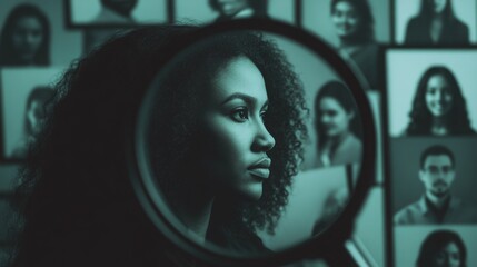 Wall Mural - A woman’s profile picture is highlighted by a magnifying glass, among a collage of diverse professionals in circular frames. 