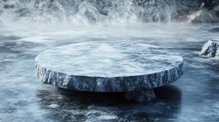 Aufkleber - Round ice table on a frozen surface surrounded by ice crystals in a mystical winter landscape.