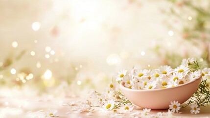 Poster - Delicate light pink and white daisy chamomile flowers in a serene background with soft bokeh for romantic photography settings