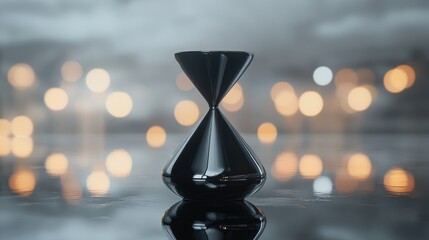 Aufkleber - Elegant hourglass sculpture on reflective surface with artistic bokeh background showcasing modern design and light play.