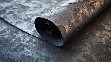 Poster - Rustic textured black pearlescent paper rolled for crafts and design projects showcasing unique surface patterns and versatility.
