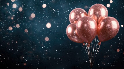 Poster - Rose gold balloons with shimmering stars on a dark background creating a festive atmosphere for celebrations and special occasions