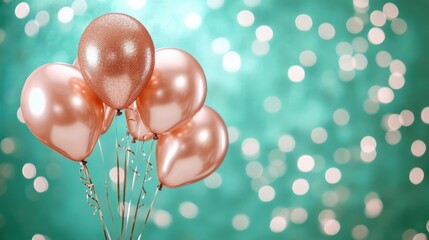 Aufkleber - Rose gold balloons on shimmering green bokeh background perfect for birthday celebration or party decoration themes