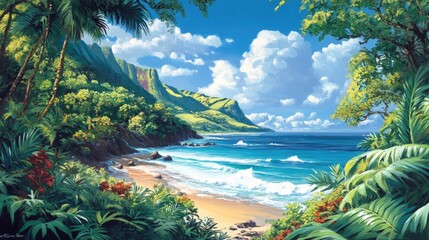 Poster - Tropical Paradise with Vibrant Vegetation and Serene Coastline Under Clear Blue Skies