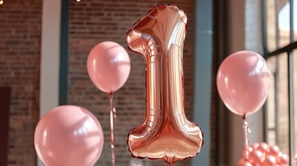 Poster - Rose Gold Inflatable Helium Balloon Shaped Like the Number One for Celebrations and Special Events
