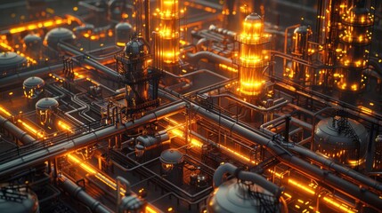 Poster - Aerial view of a vibrant industrial complex with glowing pipes and tanks at dusk