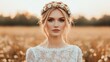 © Generative by J - Fashion hair flower concept. Ethereal Blonde Woman with Daisy Crown in Serene Summer Field