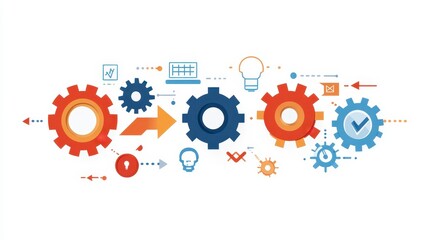 Poster - Abstract illustration of interconnected gears in red, orange, and blue, symbolizing workflow, process, and collaboration against a white background