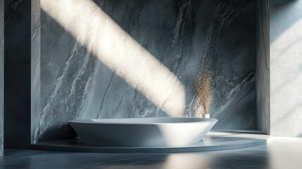 Poster - Elegant Minimalist Bathroom with Freestanding Bathtub and Natural Light Streaming Through Marble Wall
