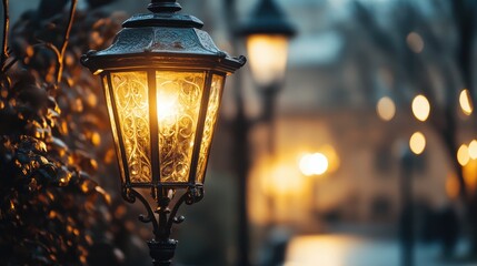 Poster - Elegant Warm Glow of Decorative Street Lanterns on a Serene Evening Pathway