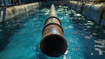 Aufkleber - Rusty pipe releasing saltwater into a blue swimming pool area surrounded by industrial elements and sunlight reflections on the water surface
