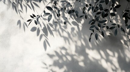 Poster - Natural leaf shadows creating a textured pattern on a white cement wall ideal for design and artistic backgrounds.