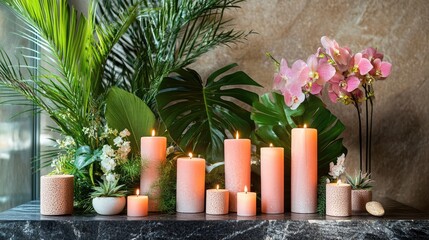 Poster - Tranquil spa table setting featuring pink candles, lush greenery, and elegant orchids for a calming atmosphere