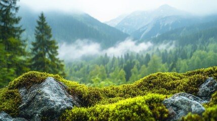 Aufkleber - Lush green hills and misty mountains surrounded by evergreen forests with mossy stones glistening in the foreground