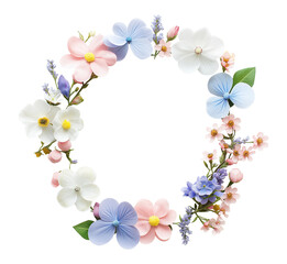 Wall Mural - Round floral frame of realistic blossoms image isolated transparent. Invitation, greeting card cut out photo. Romantic occasion. Flowers wreath cutout element object photography