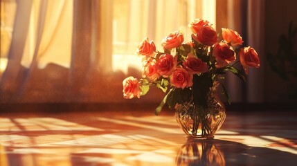 Aufkleber - Warm sunlight illuminating a vase of roses on a heated floor creates a cozy, inviting atmosphere.