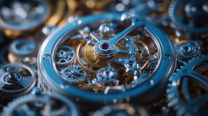 Poster - Close up view of intricate gold and silver gears and mechanisms of a clock, detailed textures, and a shallow depth of field. The image evokes