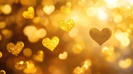 Poster - Romantic golden bokeh background with shimmering heart shapes creating a warm and enchanting atmosphere for love and celebration.