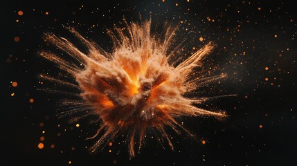 Poster - Realistic explosion fireball on dark background with dynamic particles and vibrant colors creating a dramatic visual effect