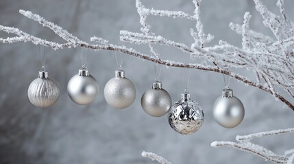 Poster - Silver Christmas Ornaments Adorning a Frosted Tree Branch in a Winter Wonderland Scene