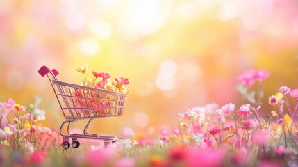Poster - Shopping Cart Filled with Flowers on a Colorful Pastel Desk Shelf with a Blurred Floral Pink Background