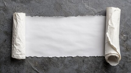 Poster - White paper roll on gray textured surface with empty space for customization or text presentation top view closeup shot