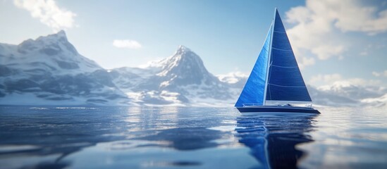 Aufkleber - Sailboat gliding across tranquil ocean waters with blurred mountains in the background and ample copyspace for text or branding elements