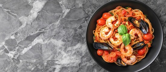 Aufkleber - Delicious Italian seafood spaghetti with shrimp mussels and cherry tomatoes served in a black bowl on marble background summer food concept