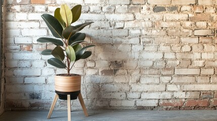 Poster - Rubber plant in a stylish wooden tripod pot against a rustic exposed brick wall in a modern interior setting