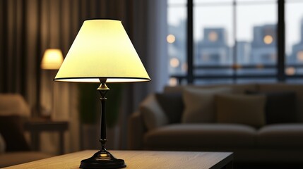Poster - Elegant table lamp illuminating a cozy living room setting with modern decor and soft evening light. Perfect for interior design inspiration.