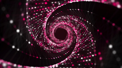 Poster - Abstract circle speed tunnel with pink light on black background. Science background with dots and lines moving in a spiral. Wormhole technology. Digital structure with particles. 3d rendering.