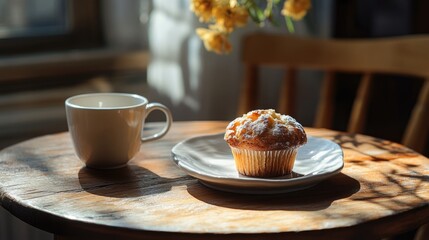 Poster - Serene breakfast scene with natural light showcasing a fresh muffin and coffee cup on a rustic wooden table.