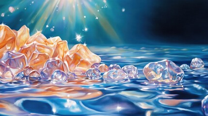 Aufkleber - Tranquil blue water landscape featuring vibrant peach elements adorned with crystals and ethereal light reflections.