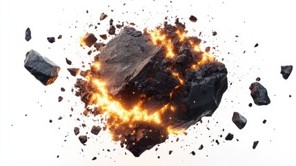 Poster - Realistic Rock Explosion with Shattering Debris and Glowing Lava Effects on Isolated White Background