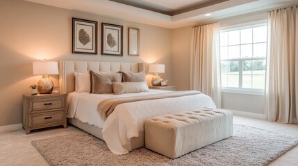 Poster - Serene bedroom interior featuring plush carpets elegant lighting and soothing color palette for relaxation and comfort.