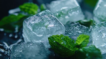 Poster - Fresh mint leaves and ice cubes with water droplets on a dark background creating a cool and refreshing atmosphere ideal for beverages